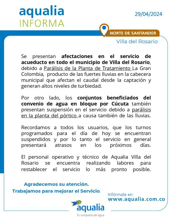 Se afecta el servicio de acueducto por parálisis de la Planta de Tratamiento La Gran Colombia - Villa del Rosario.