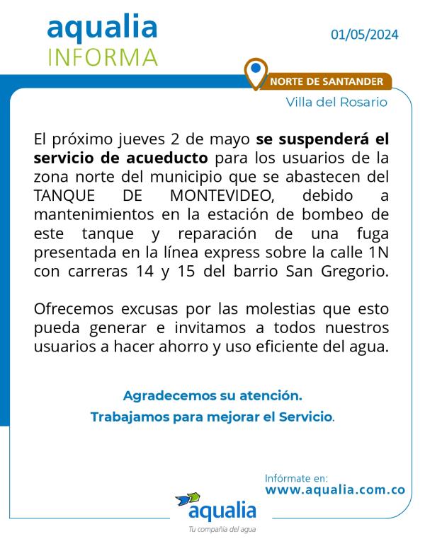 Suspensión en el servicio de acueducto en zona norte por mantenimiento en Tanque de Montevideo - Villa del Rosario