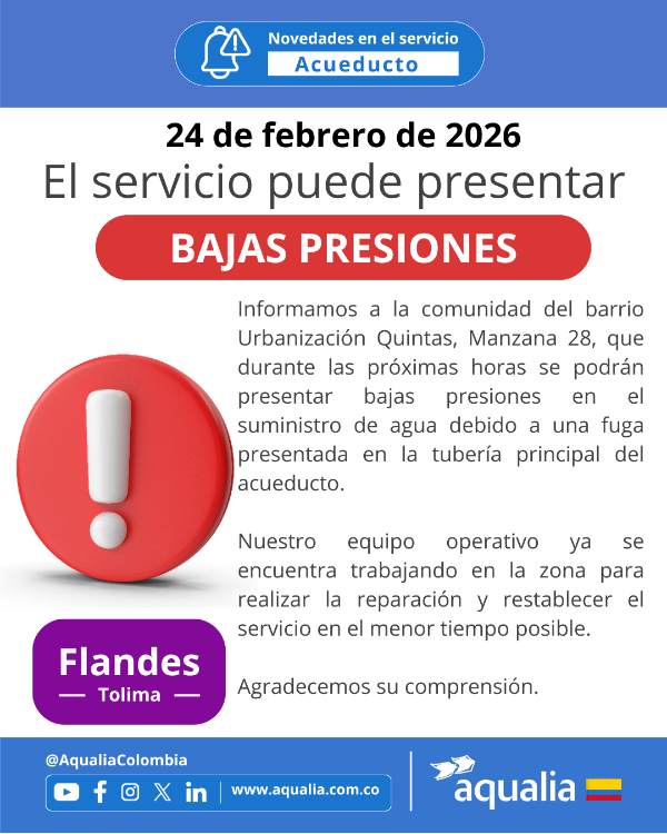 Bajas presiones por fuga presentada en las Quintas de Flandes