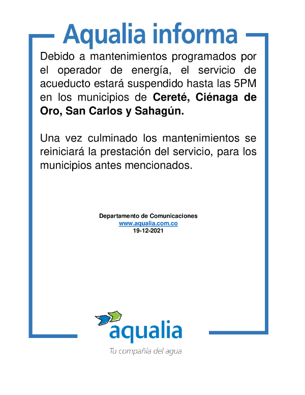 Suspensión por mantenimientos de la empresa prestadora del servicio de energía