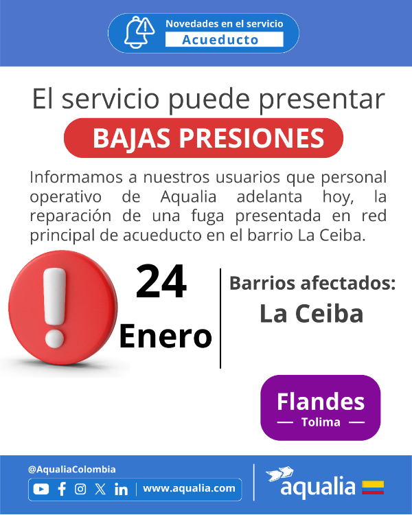 Bajas presiones en el barrio La Ceiba de Flandes por fuga en red de acueducto