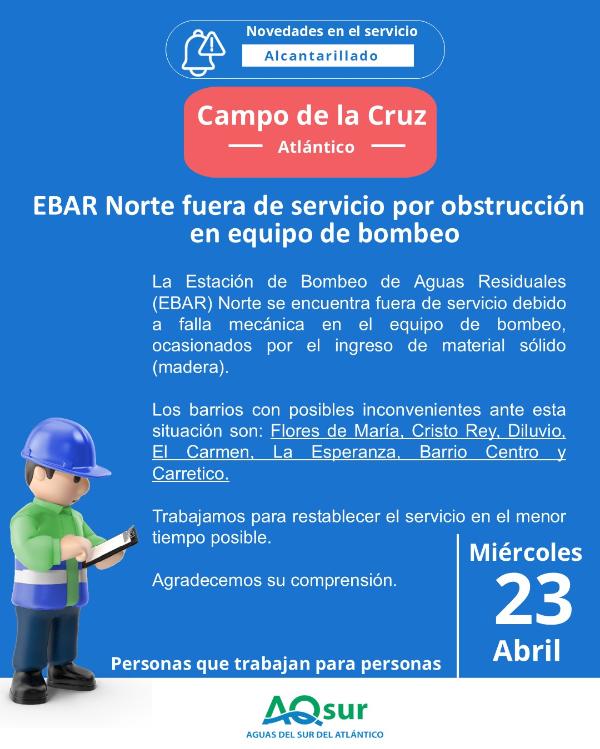 EBAR NORTE fuera de servicio por obstrucción en equipo de bombeo