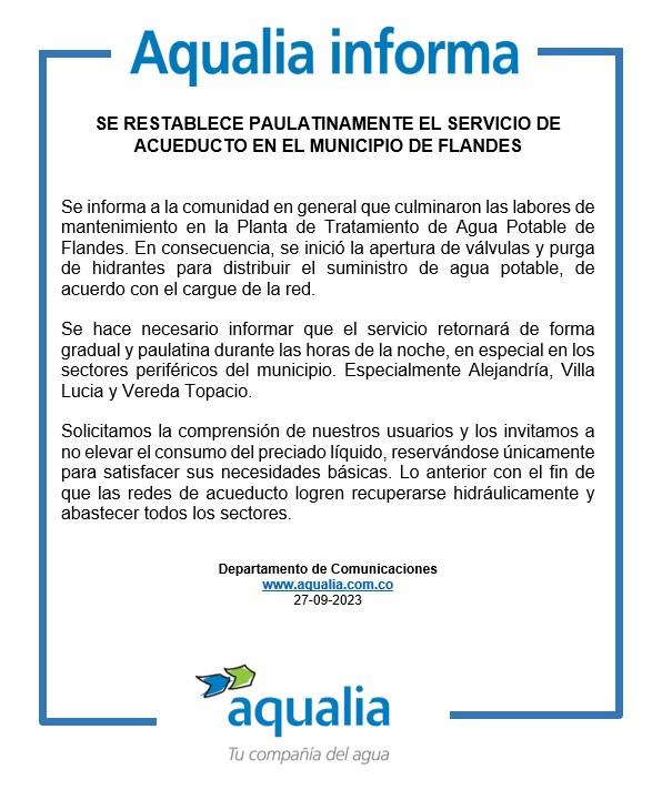 SE RESTABLECE PAULATINAMENTE EL SERVICIO DE ACUEDUCTO EN EL MUNICIPIO DE FLANDES