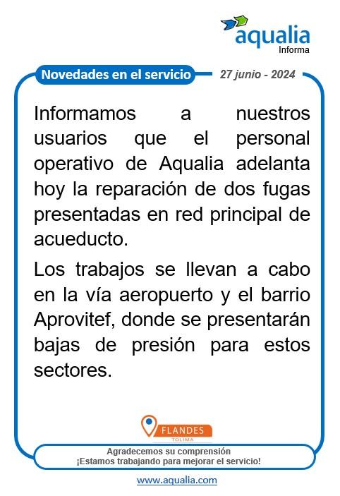 Afectada la prestación por fuga en la vía aeropuerto y el barrio Aprovitef del municipio de Flandes