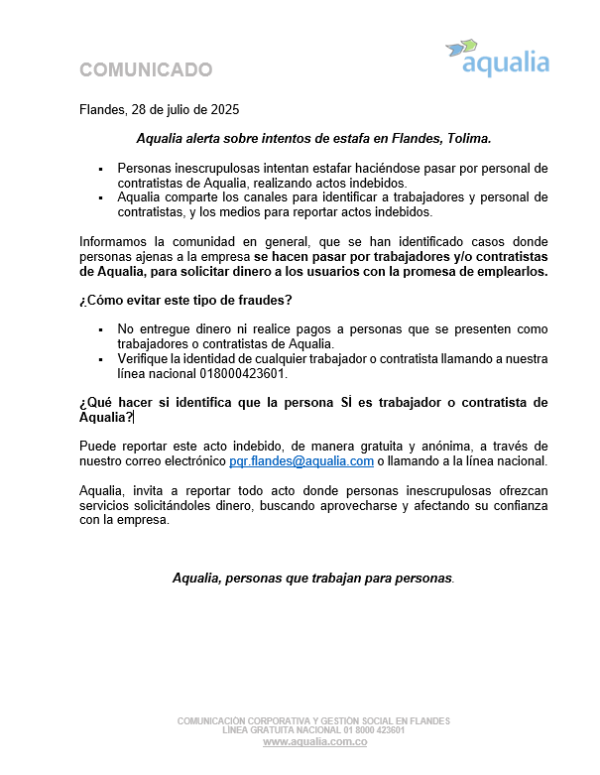 Aqualia alerta sobre intentos de estafa en Flandes, Tolima