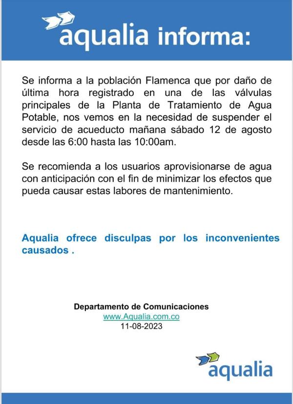 Suspensión temporal del servicio de acueducto en Flandes