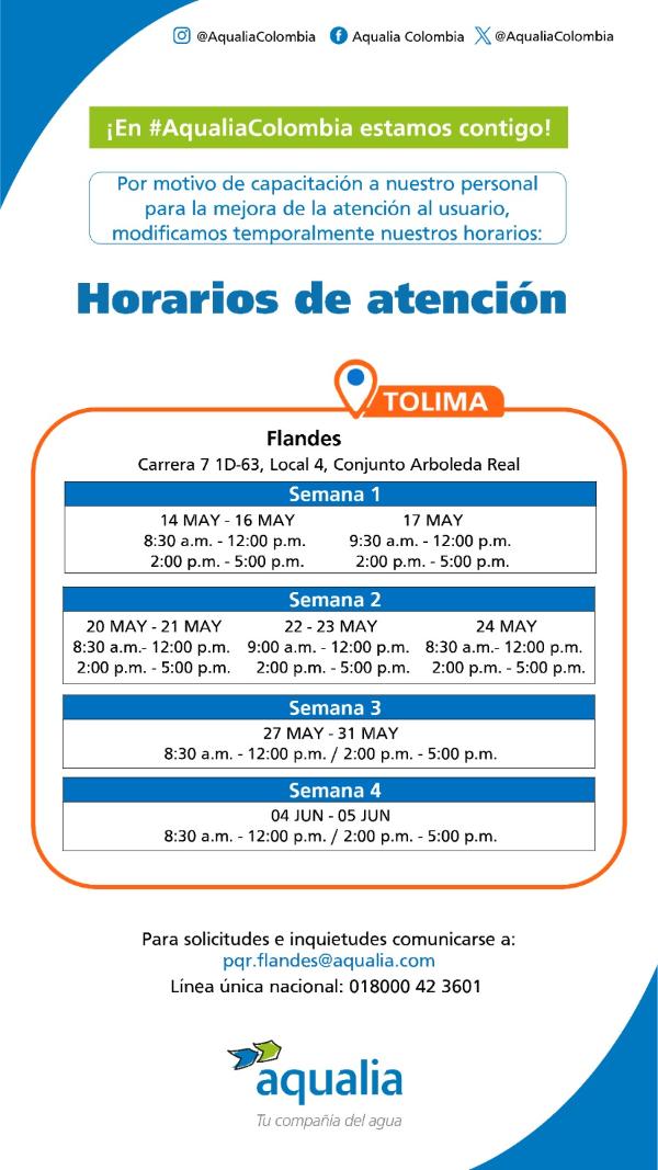 Cambios en el horario de atención al usuario en Flandes desde el 14 de mayo hasta el 05 de Junio de 2024