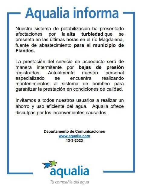 Afectada la prestación del servicio por alta turbiedad en Flandes