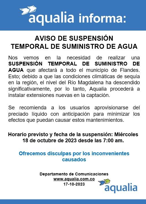 Suspensión temporal en el suministro de agua potable  y  bajas de presión por mantenimientos en captación 