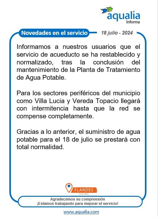 Se restablece paulatinamente el servicio de acueducto en el municipio de Flandes