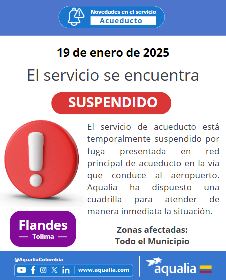 Suspensión temporal del servicio de acueducto en Flandes