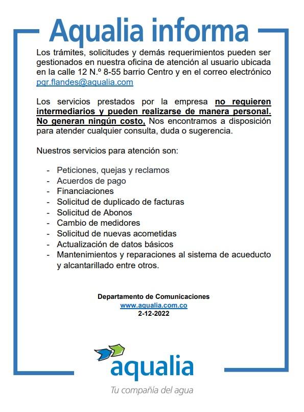 Todos los trámites o consultas pueden realizarse en los canales oficiales de la empresa Aqualia, sin costo alguno y sin intermediarios