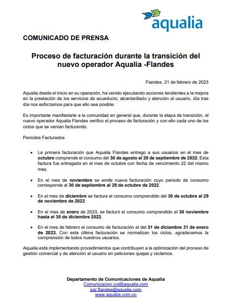 Proceso de facturación durante la transición del nuevo operador Aqualia -Flandes