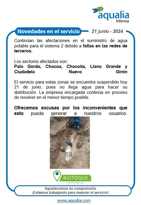 Continúan las afectaciones en el suministro de agua potable para Palo Gordo, Chocoa, Chocoíta, Llano Grande y Ciudadela Nuevo Girón