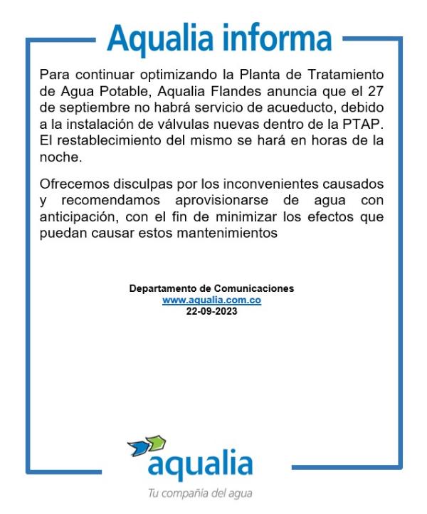 Aqualia Flandes anuncia que el 27 de septiembre no habrá servicio de acueducto
