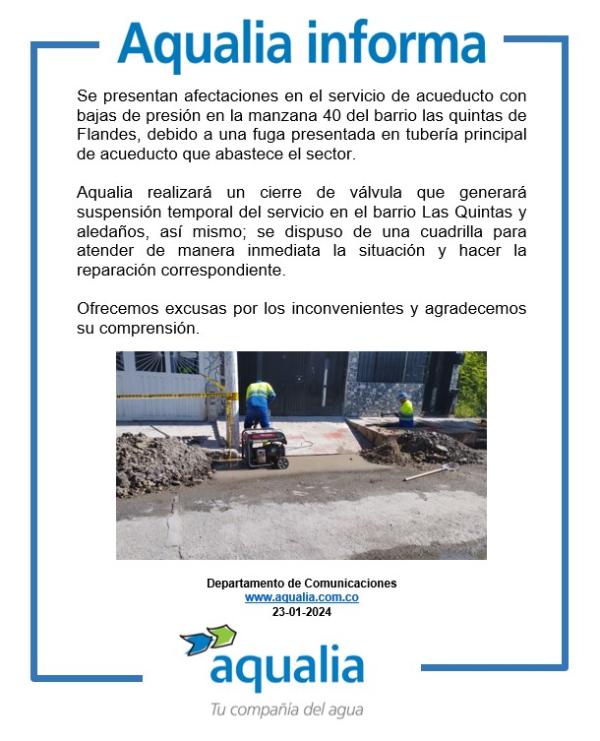 Suspensión temporal en el barrio las Quintas de Flandes por fuga en red principal de acueducto