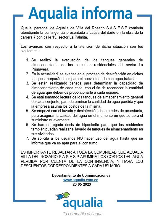 Aqualia continúa atendiendo la contingencia presentada a causa del daño en la obra de la carrera 7 con calle 15, sector La Palmita en Villa del Rosario