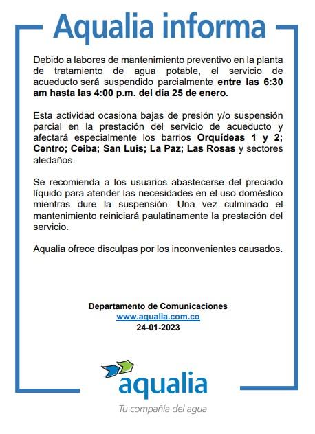Por mantenimientos en la planta de tratamiento de agua potable, se suspende el servicio de acueducto en el municipio de Flandes