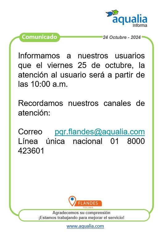 Se modifica el horario de atención en Flandes para este viernes 25 de octubre de 2024
