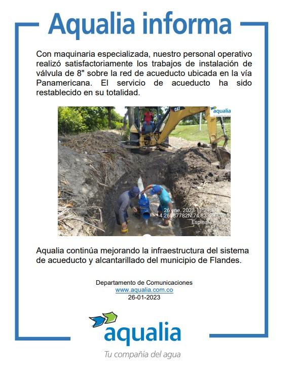 Aqualia restablece el servicio de acueducto en Oikos, el castillo, balcones del country, riveras del magdalena, mirador del sol, villas del mediterráneo y vereda topacio
