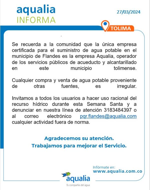 Aqualia, única empresa certificada para el suministro de agua potable en el municipio de Flandes