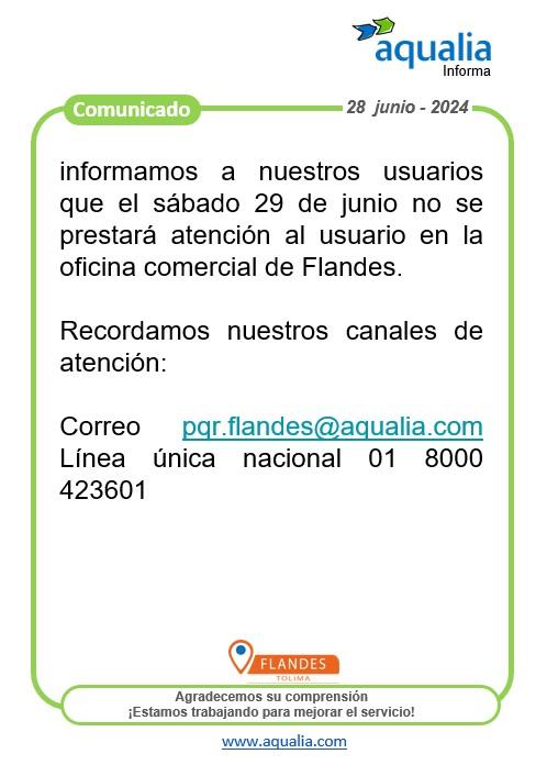 El sábado 29 de junio no se prestará atención al usuario en Flandes.