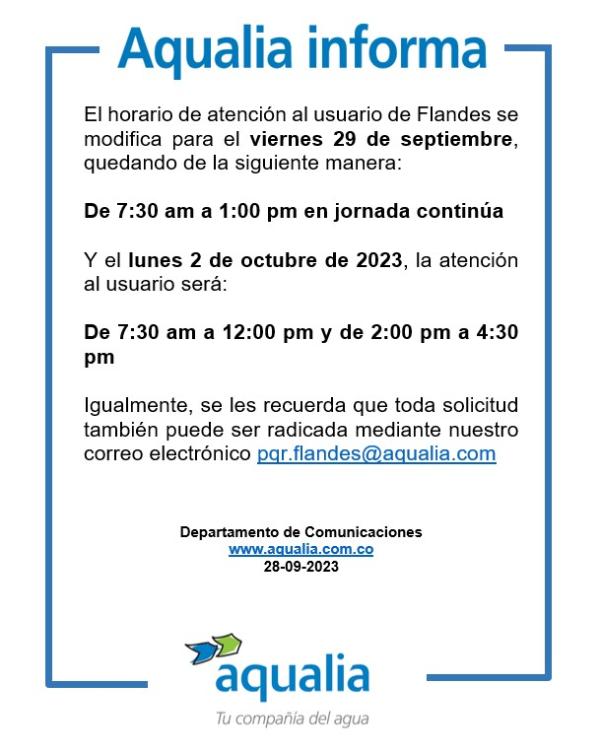 Cambios en el horario de atención en la Oficina de Servicio al Cliente de Flandes, Tolima