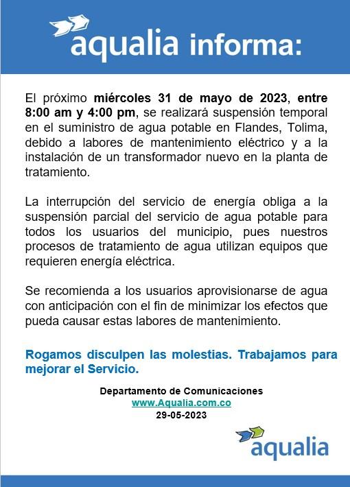 Suspensión temporal del servicio de acueducto en el municipio de Flandes