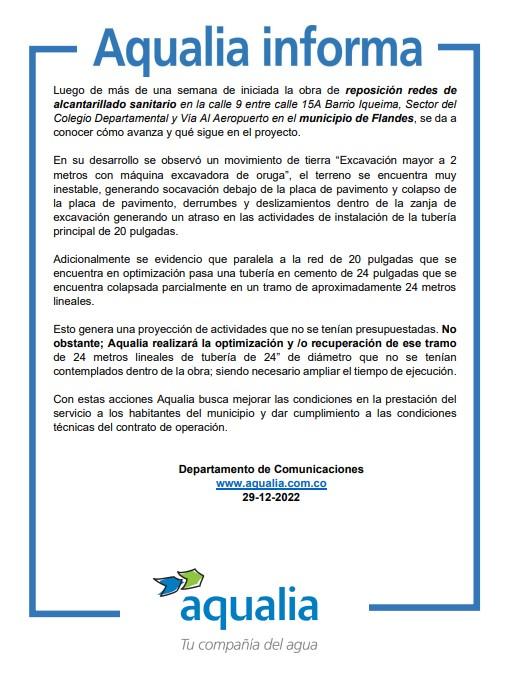 Obra de alcantarillado sanitario en Flandes avanza exitosamente
