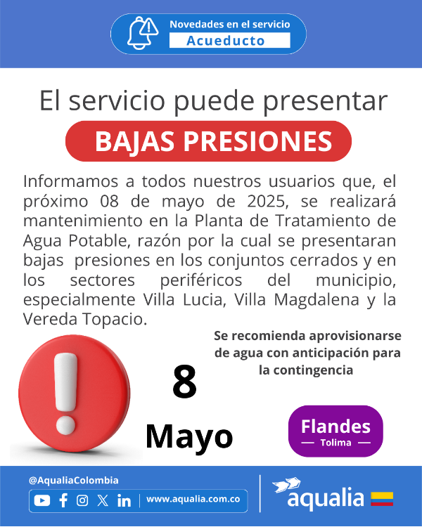 Novedades en la prestación del servicio de acueducto de Flandes para este 8 de mayo de 2025