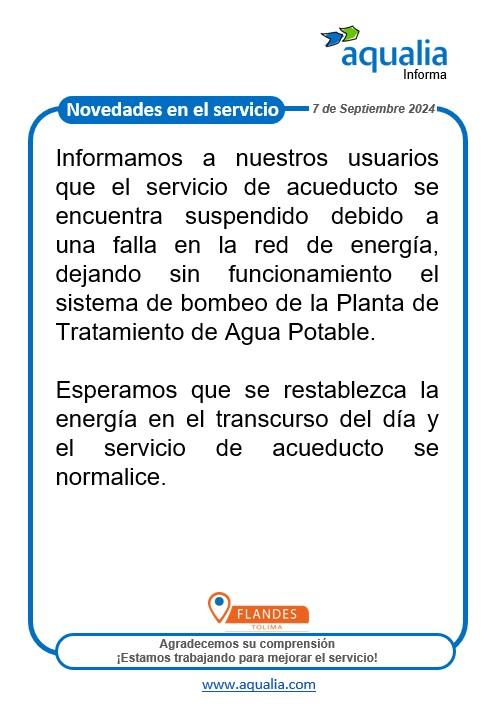 Suspensión temporal del servicio de acueducto en Flandes