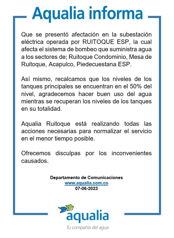Se presentó afectación en la subestación eléctrica operada por RUITOQUE ESP