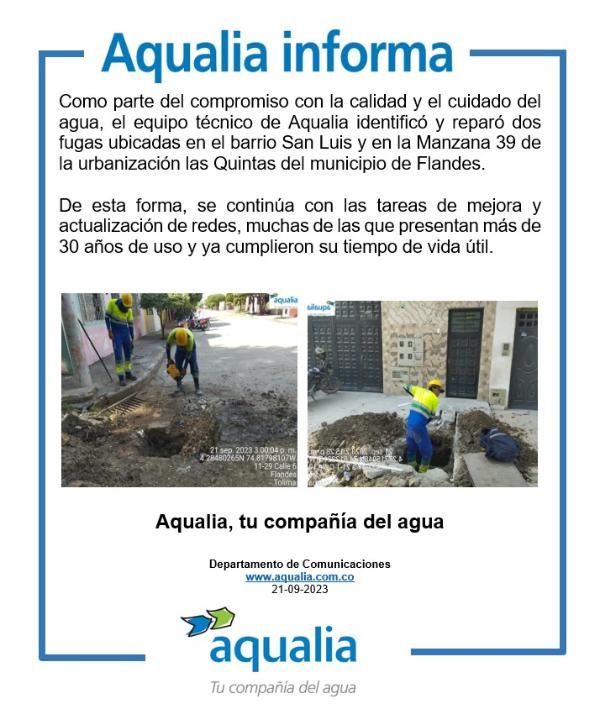 Aqualia identificó y reparó dos fugas ubicadas en el barrio San Luis y en la Manzana 39 de la urbanización las Quintas del municipio de Flandes