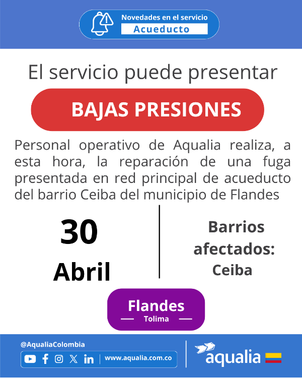 Bajas de presión por fuga presentada en el barrio la Ceiba de Flandes