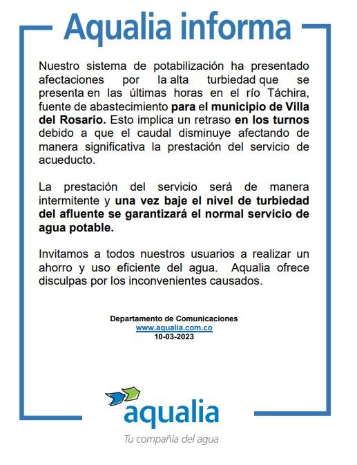 Afectada la prestación el servicio de Acueducto en el municipio de Villa del Rosario