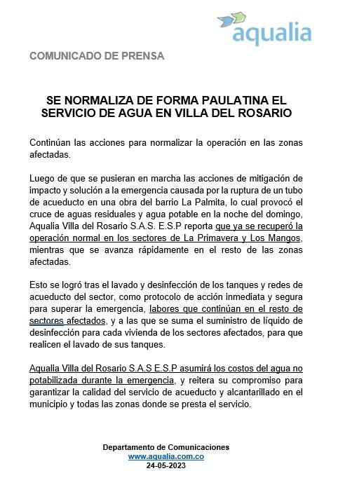 Se normaliza de forma paulatina el servicio de agua en Villa del Rosario