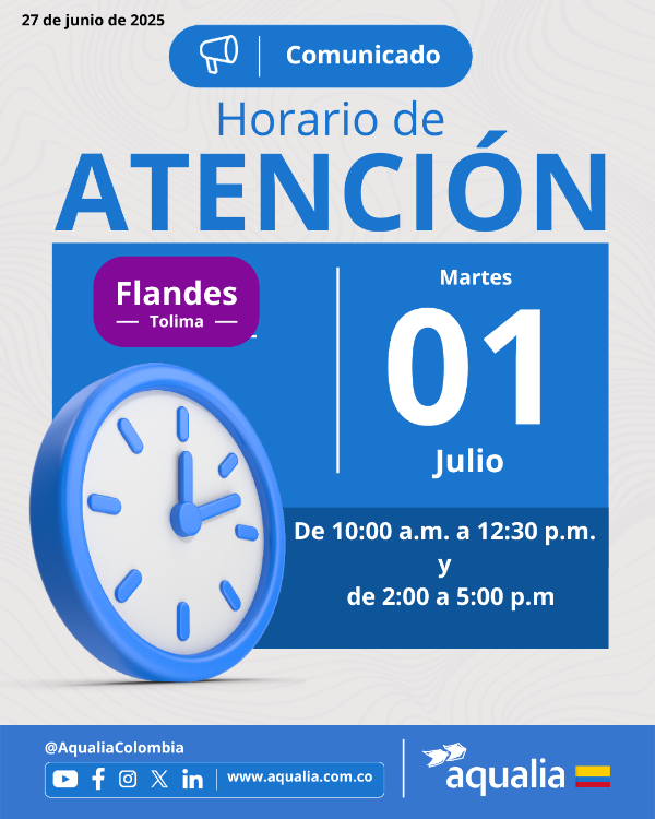 Horario de atención para el 01 de julio en Flandes, Tolima