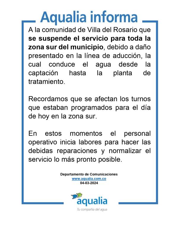 Se suspende el servicio de acueducto para toda la zona sur del Villa del Rosario
