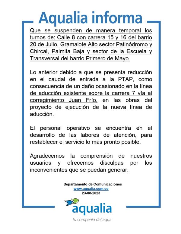 DAÑO EN LA OBRA DE LA NUEVA LINEA DE ADUCCIÓN, OCASIONA SUSPENSIÓN TEMPORAL DEL SERVICIO DE ACUEDUCTO EN ALGUNAS ZONAS DE VILLA DEL ROSARIO