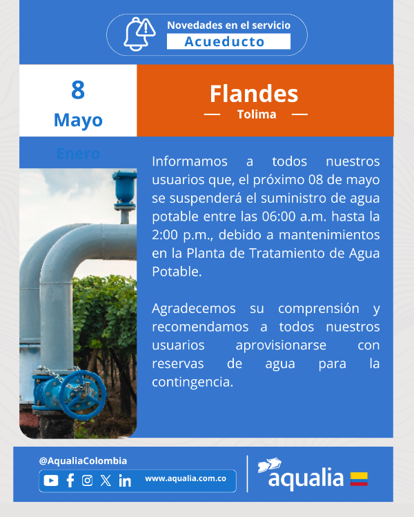 Aviso de Suspensión del servicio de acueducto en Flandes