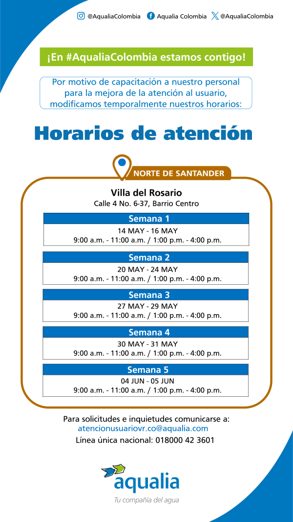 Horario de atención al usuario en Villa del Rosario desde el 14 de mayo hasta el 05 de Junio de 2024