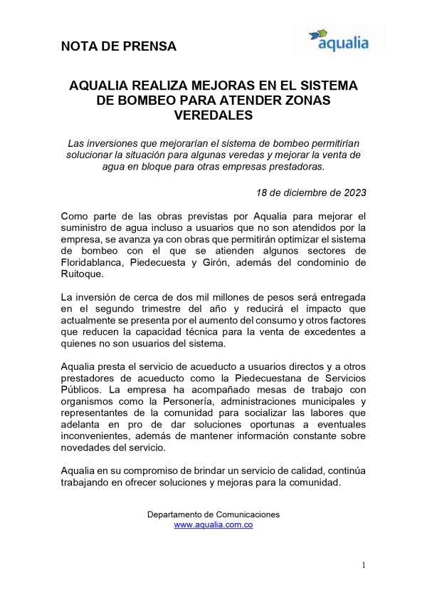AQUALIA REALIZA MEJORAS EN EL SISTEMA DE BOMBEO PARA ATENDER ZONAS VEREDALES