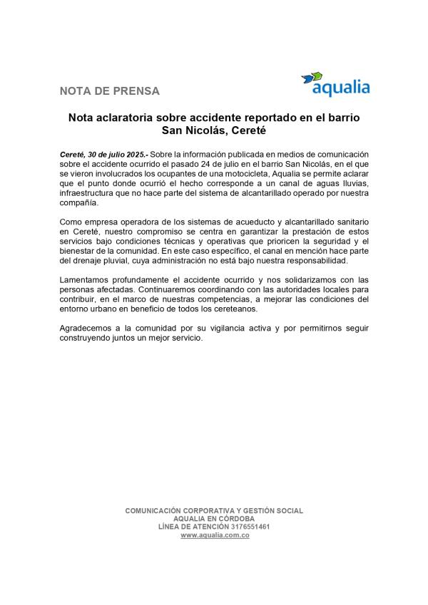 Nota aclaratoria sobre accidente reportado en el barrio San Nicolás, Cereté