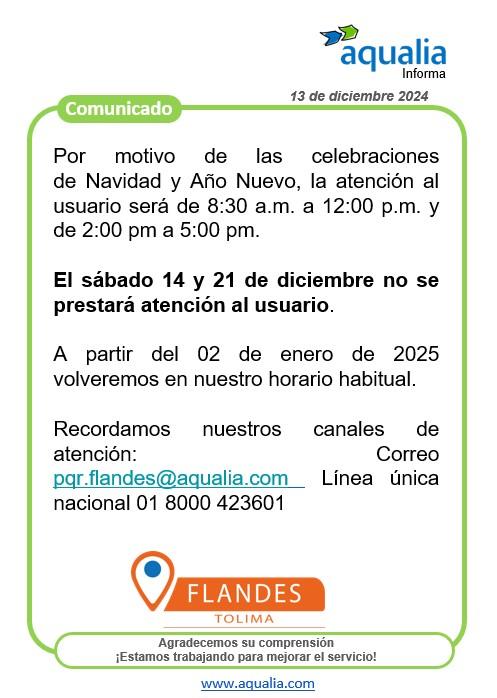 Se modifica el horario de atención en Flandes, por motivo de las celebraciones de Navidad y Año Nuevo