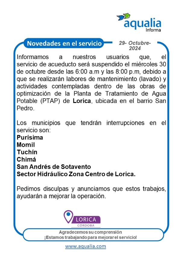 SE SUSPENDE SERVICIO EN LORICA Y REGIONAL