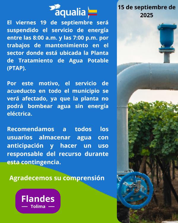 Suspensión temporal del servicio de acueducto en Flandes por mantenimientos programada para el 19 de septiembre de 2025