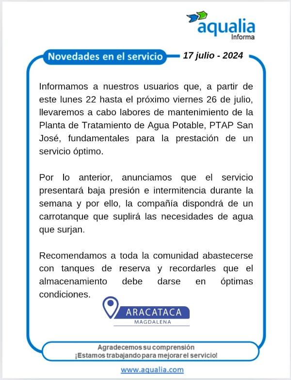 Mantenimineto en planta San José de Aracataca, será del 22 al 26 de julio