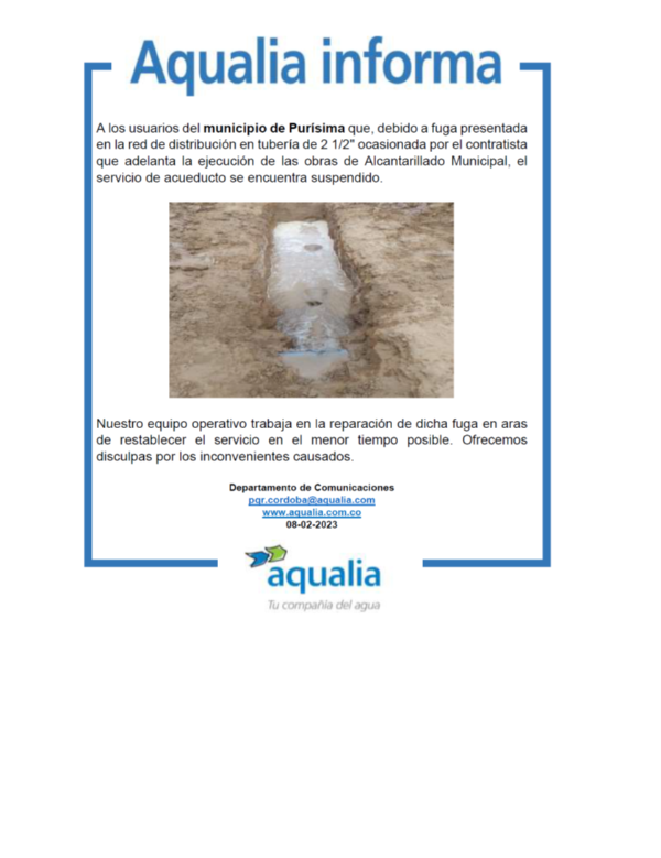 Por daño en tubería se suspende el servicio de acueducto en Purísima