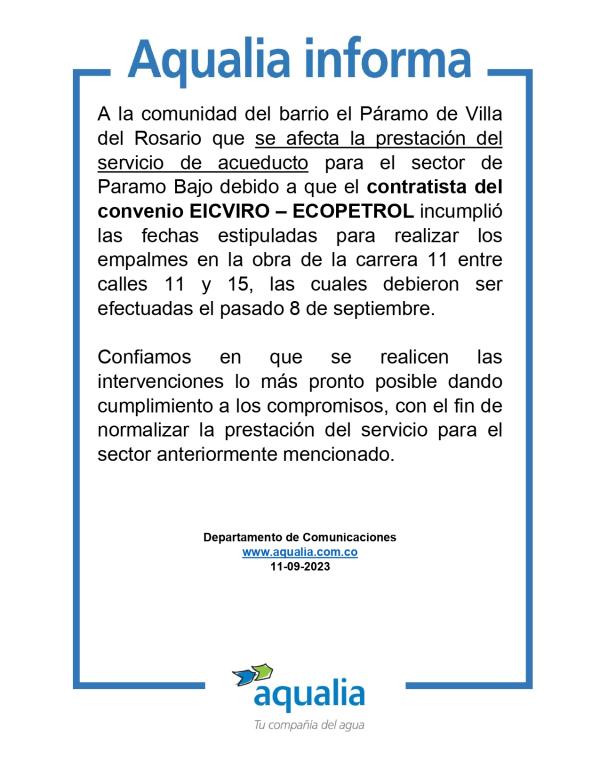 Demoras en empalmes del convenio EICVIRO – ECOPETROL afecta prestación del servicio de acueducto para el barrio el Páramo, Villa del Rosario.