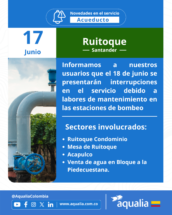 Se presentarán interrupciones en el servicio de Ruitoque